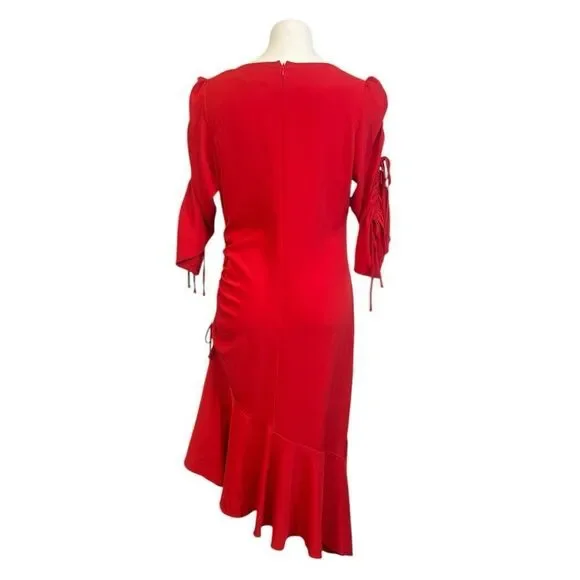 RODARTE X UNIVERSAL STANDARD dress Sz XS Red Ruched Tie Sleeve Ruffle midi - Picture 4 of 6